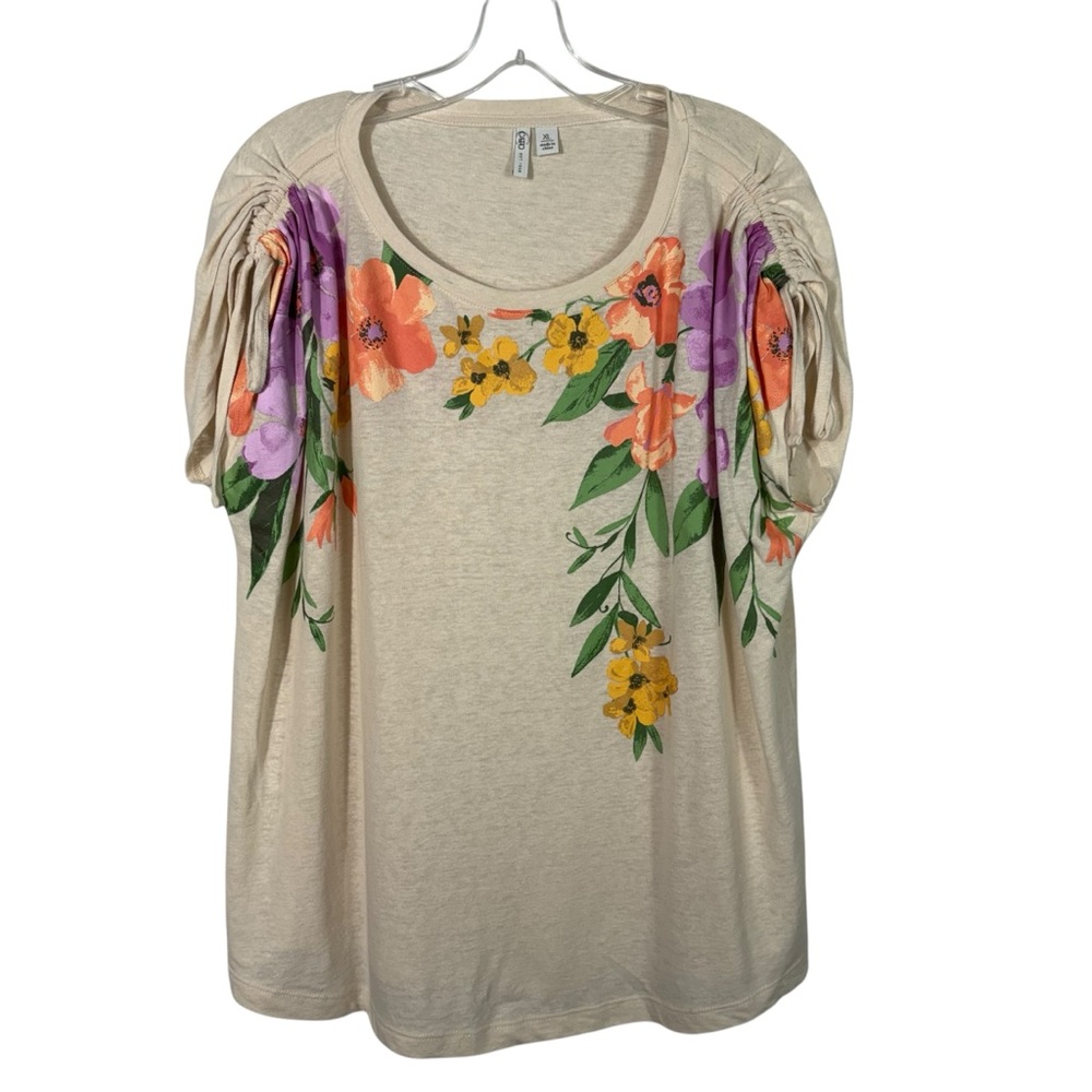 Cato Linen Blend Floral Print Ruched Sleeve Casual Top XL Breathable Summer